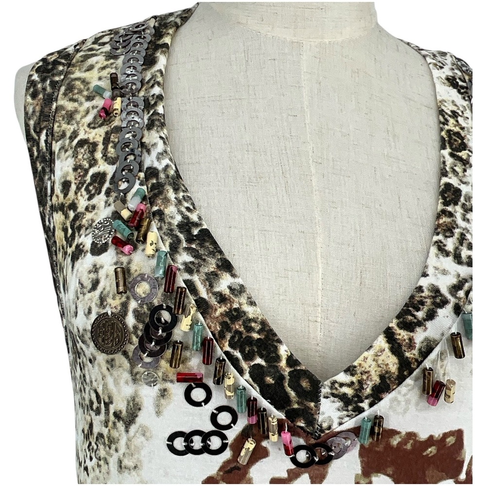 ALBERTO MAKALI Sleeveless V Neck Asymmetrical‎ Embellished Leopard Tunic Top XL - Picture 3 of 11